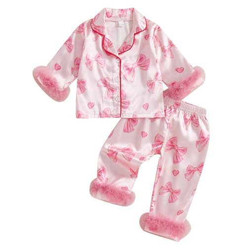 Kavousa Toddler Baby Girl Fuzzy Satin Pajamas Heart&Bow Print Button Down Shirt+Pants Little Kids Girls Silk Pajama Set (Pink Bow&Hearts, 6-12 Months) | Amazon (US)