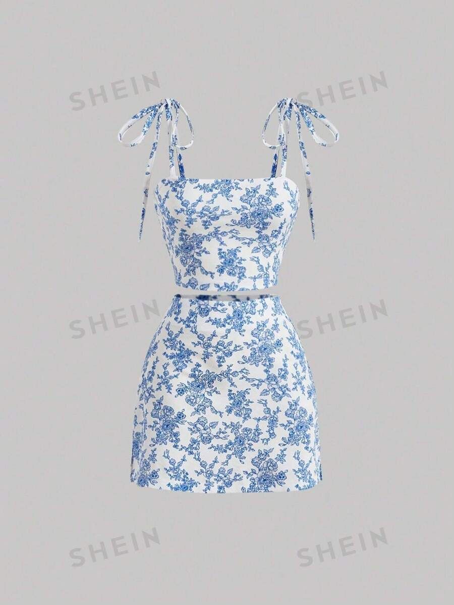 SHEIN MOD Spring Break Allover White And Blue Floral Print Tie Shoulder Cami Top & Skirt | SHEIN