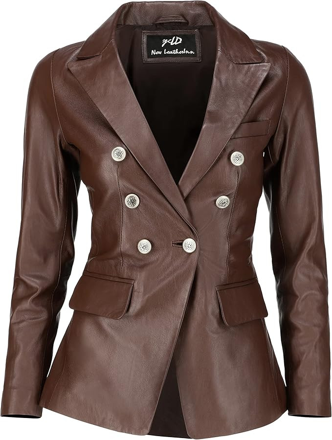 Jild Double Breasted Fancy Buttons Lambskin Leather Blazer Women - Kim Kardashian Long Sleeve Coa... | Amazon (US)