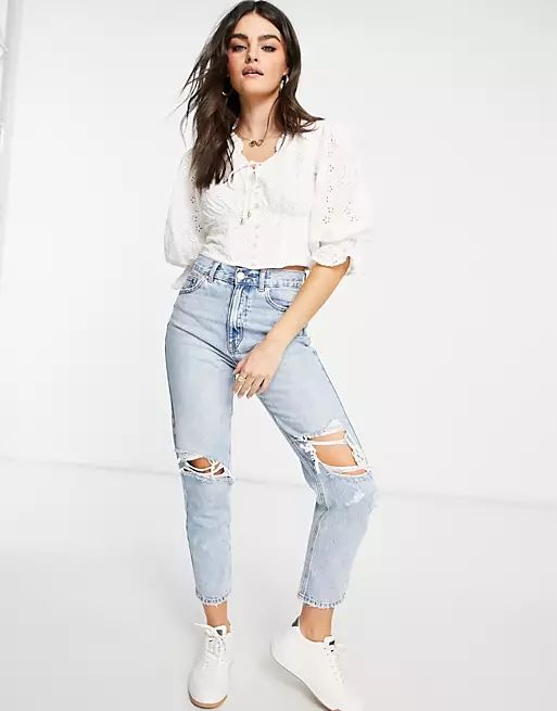 River Island lace front broderie blouse in cream | ASOS (Global)