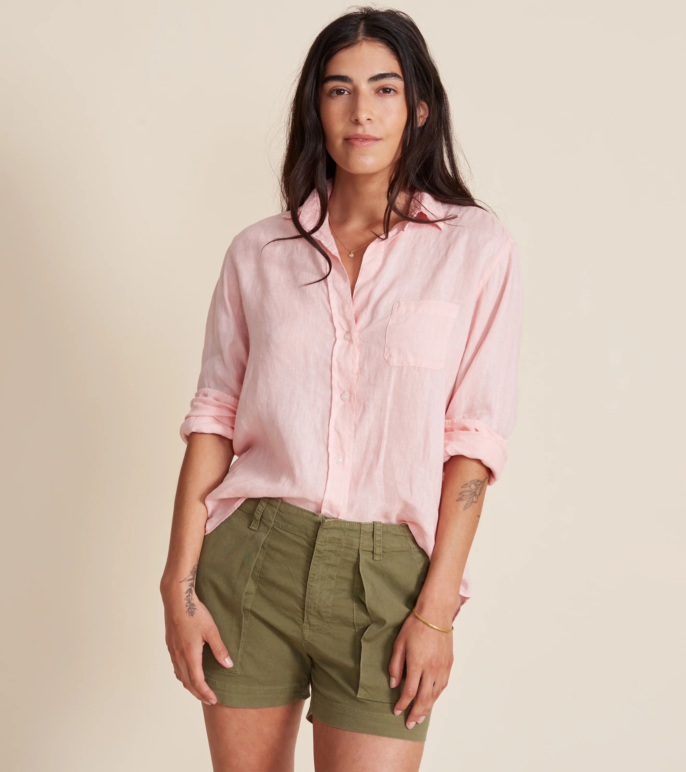 The Hero Button-Up Shirt Petal Pink, Tumbled Linen | Grayson