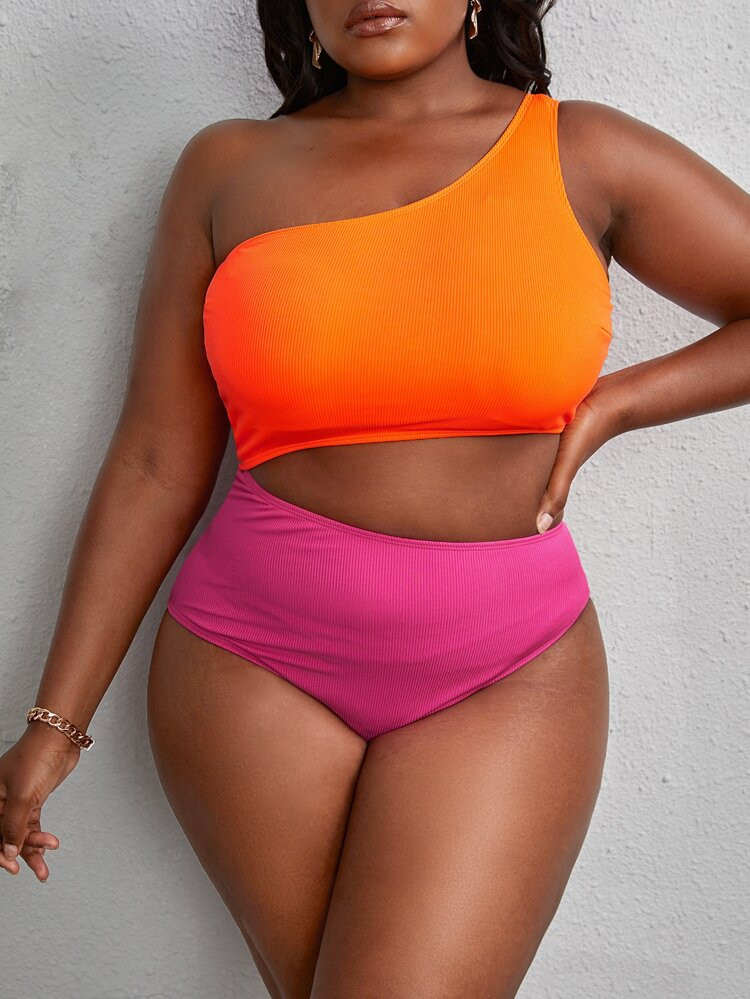 Plus Two Tone One Shoulder Cut Out One Piece Swimsuit | SHEIN