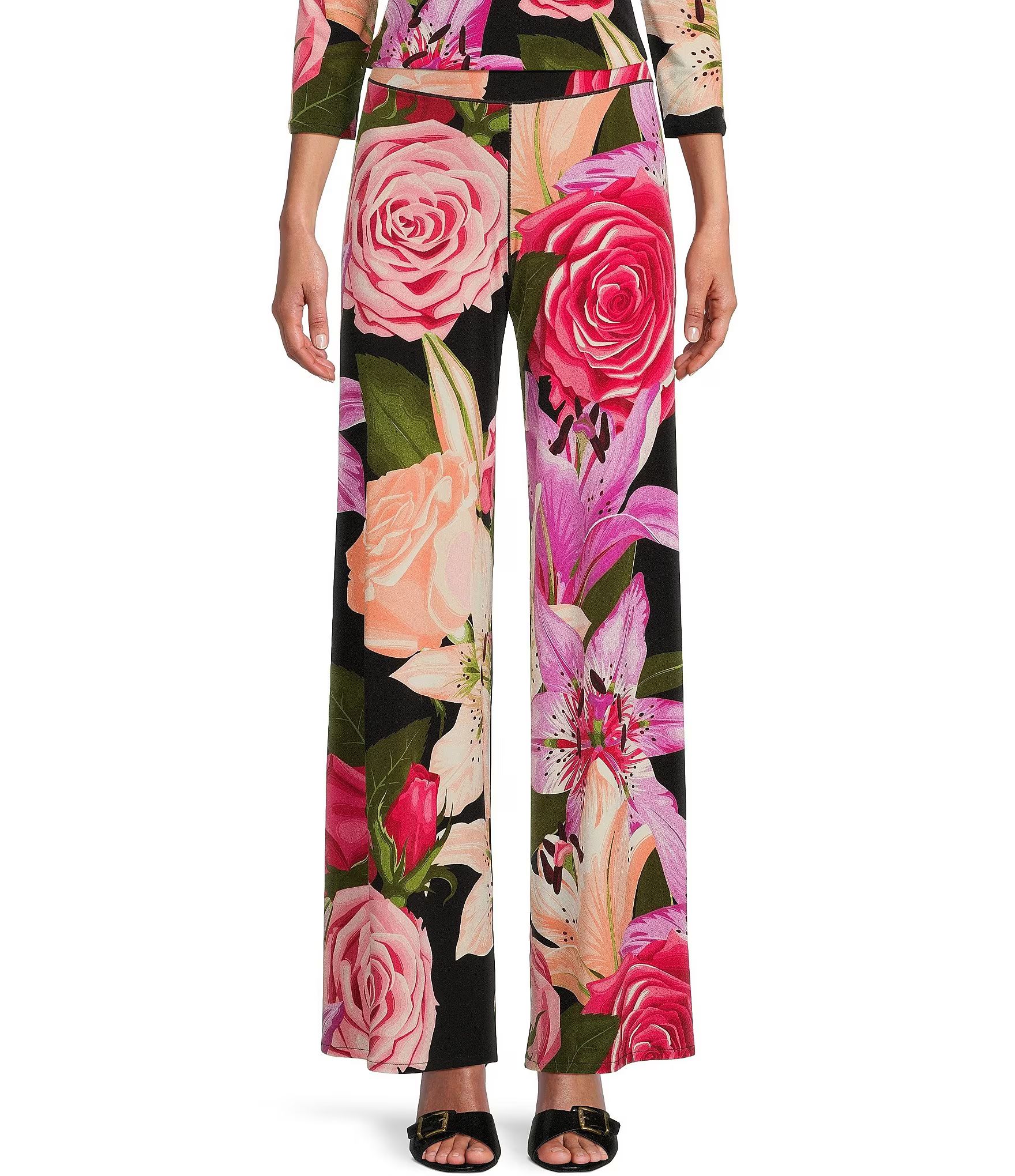 Mixed Floral Print Knit Jersey Elastic Waist Wide-Leg Pull-On Pants | Dillard's