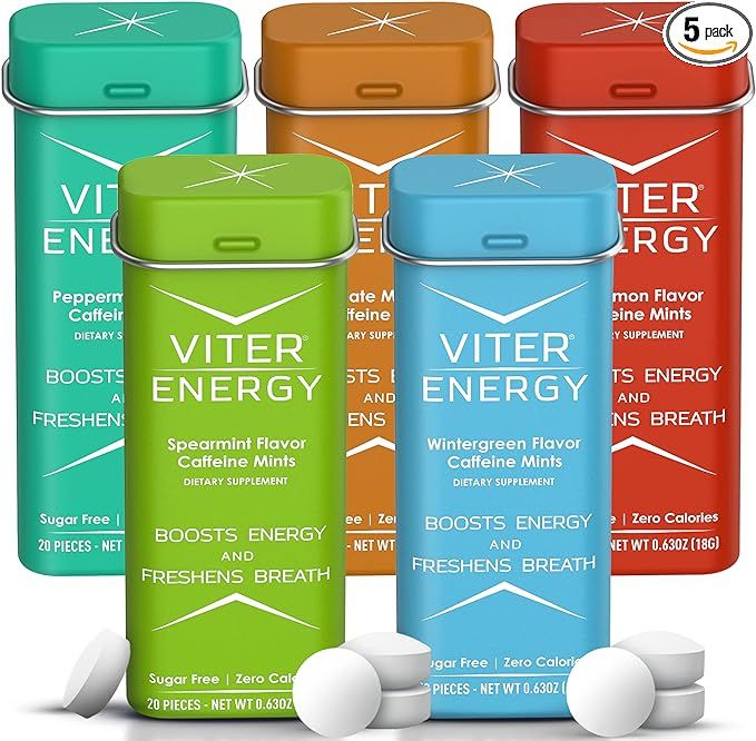 Viter Energy Caffeinated Mints - 5 Flavor Variety Pack. 40mg Caffeine, B Vitamins, Sugar Free Veg... | Amazon (US)