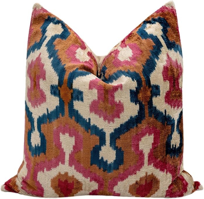 CANVELLO Handmade Velvet Throw Pillow with Pink, Blue, and Tan Ikat Design, 20x20-Inch Decorative... | Amazon (US)