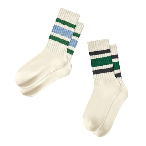 Zando Retro Striped Crew Socks - Women's Vintage Calf & Mid Calf Socks, Sporty & Casual Cotton, Cute & Fashionable in White, Black, Green&Blue | Amazon (US)