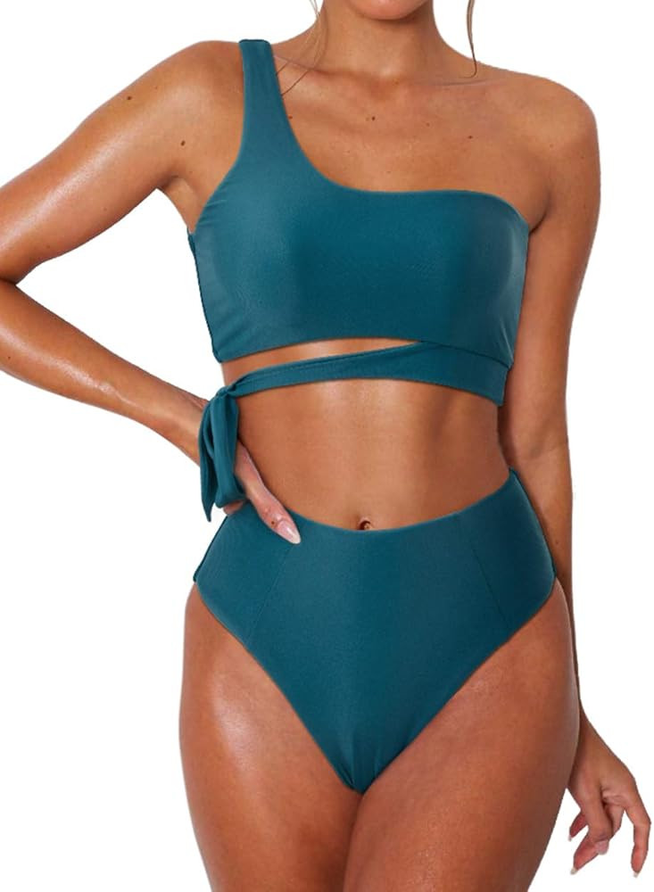 Womens One Shoulder Bikini Set Bandage Tie High Waisted Swimsuit | Amazon (US)