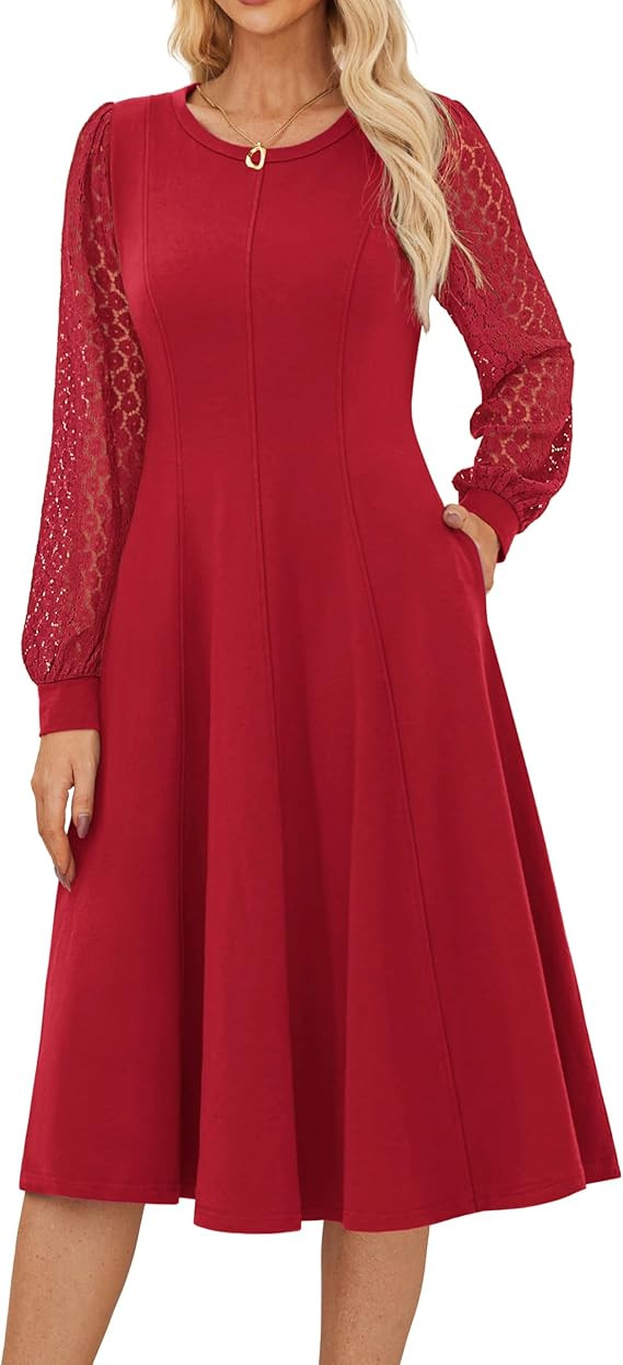 GRACE KARIN Women's 2025 Casual Long Lace Sleeve Dresses, Summer Flowy Crewneck A Line Plain Midi... | Amazon (US)