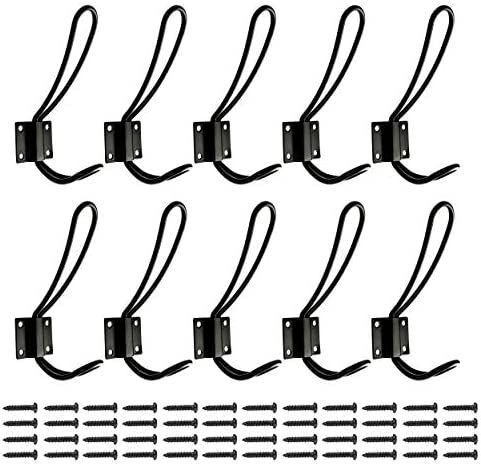 Rustic Entryway Hooks | 10 Pack of Black Wall Mounted Vintage Double Coat Hangers with Large Meta... | Amazon (US)