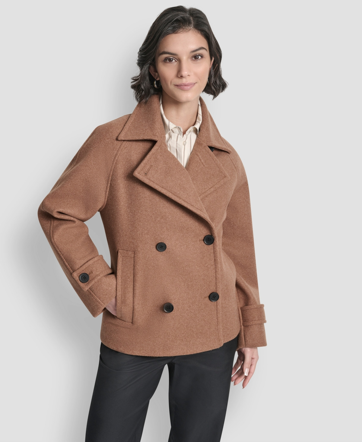 Dkny Women's Short Double Breasted Collared Coat - Dark Camel | Macy's