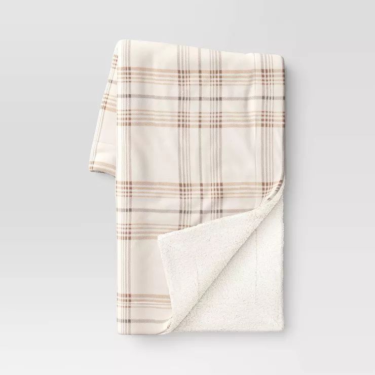 Plaid Printed Plush Christmas Throw Blanket with Faux Shearling Reverse Ivory/Gray - Threshold™ | Target