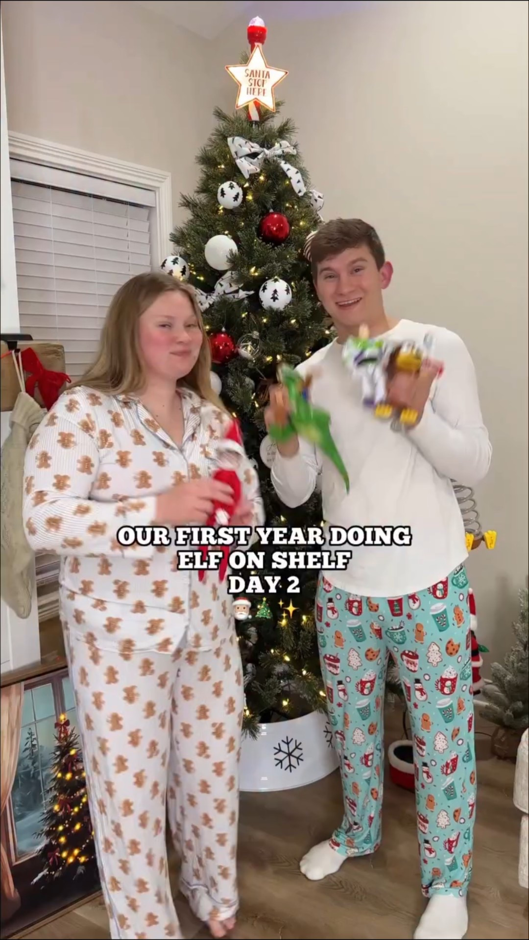 Day 2, the Toy Story gang caught Elfie sneaking in and wrapped him up in lights, thinking he was an intruder🚨💚#elfontheshelf #elf #family #boymom #toystory