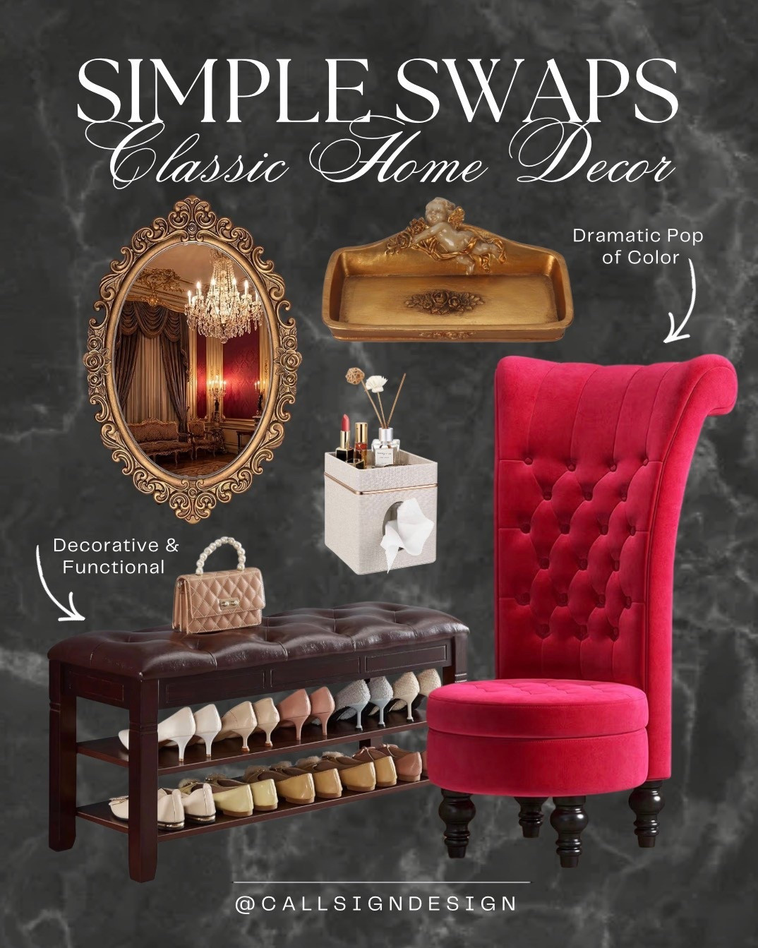 Boudoir decor that’s both beautiful and functional. Thoughtful details paired with a dramatic chair add that little extra touch of personality and indulgence, turning the space into something intimate, stylish, and intentionally designed. 

#BoudoirDecor #MoodyInteriors #StatementChair #TimelessStyle #InteriorStyling #HomeDecor #DesignDetails #callsigndesign