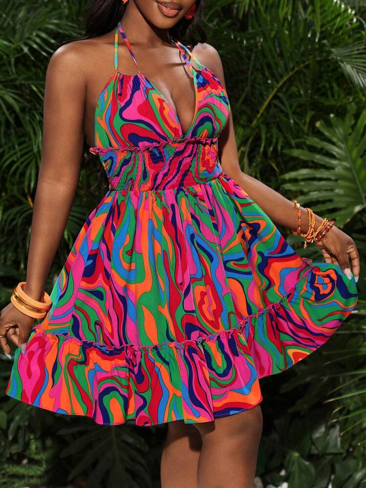 Slaydiva Summer Vacation & Date Wear Multicolor Striped Circle Print Spaghetti Strap A-Line Mini Dress With Ruffle Hem | SHEIN
