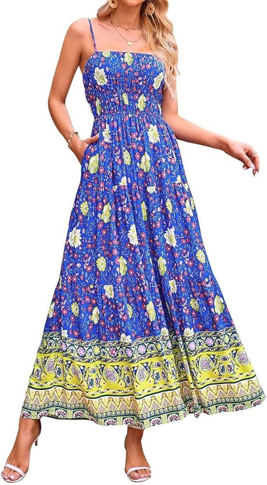 Women's Summer Boho Dress Casual Floral Print Spaghetti Strap Square Neck Maxi Dress Beach Flowy ... | Amazon (US)