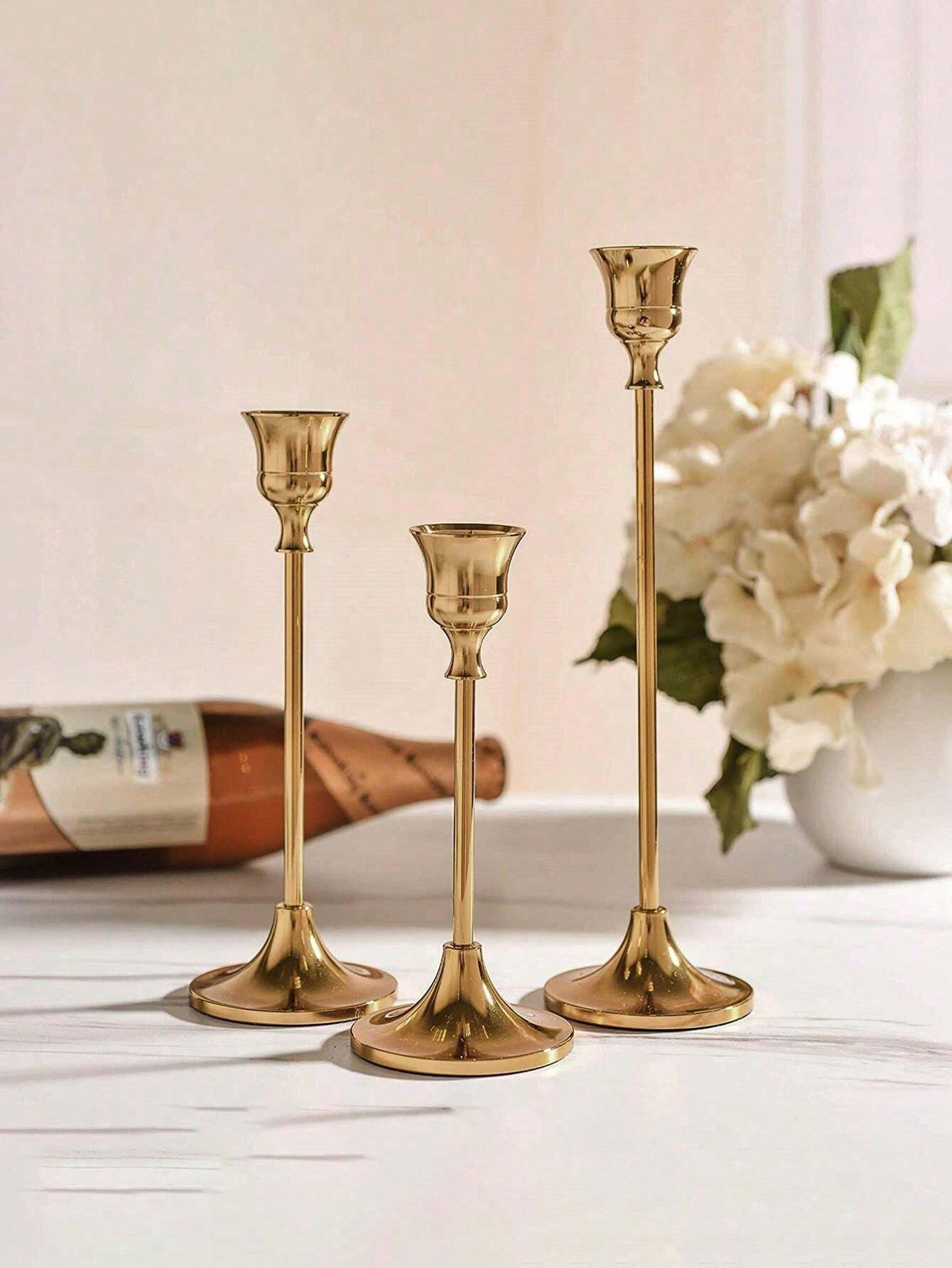 3pcs/Set Gold Candle Holders, Vintage Metal Brass Cone Candle Stands, Modern Tall Pillar Candlest... | SHEIN
