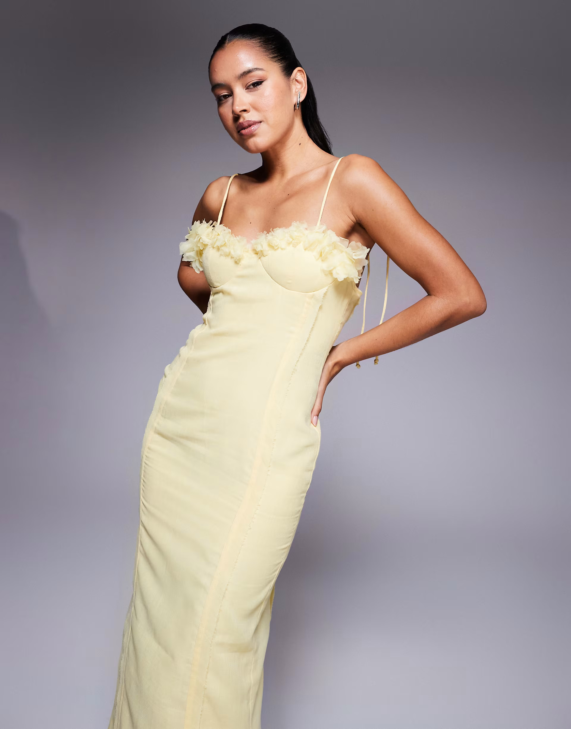 ASOS DESIGN 3D floral bust corset linen look midi dress in yellow | ASOS (Global)
