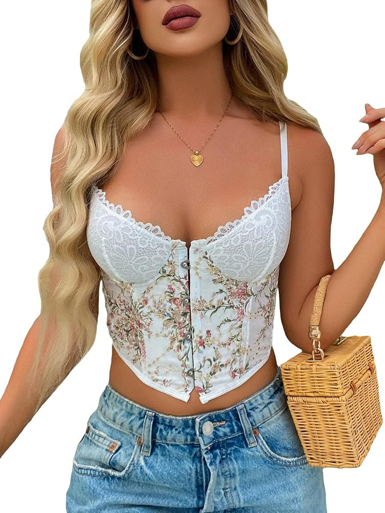 SHENHE Women's Corset Tops Spaghetti Strap Cami Crop Tank Top Mesh Floral Embroidery Bustier Cami... | Amazon (US)