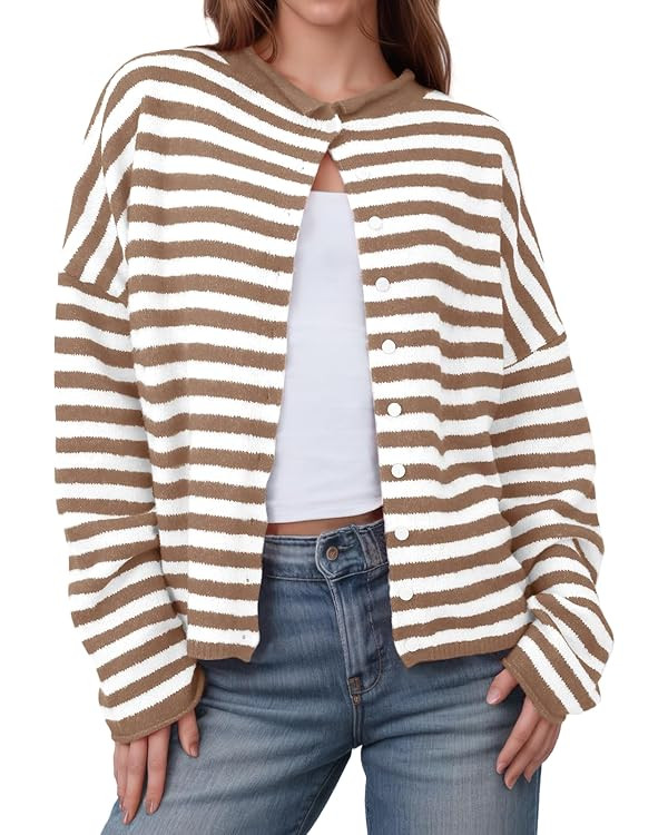 Saodimallsu Womens Striped Cardigan Casual Long Sleeve Open Front Button Down Loose Knit Lightwei... | Amazon (US)