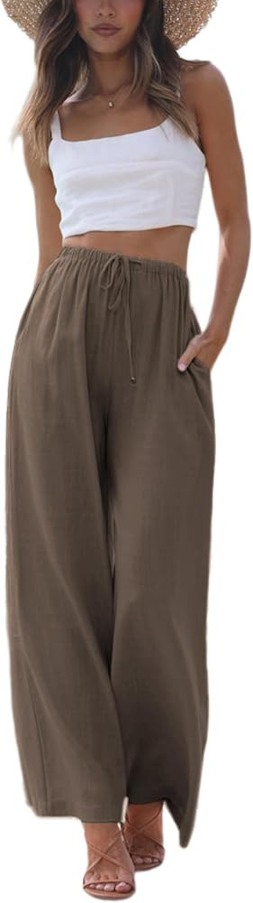 Faleave Women's Cotton Linen Summer Palazzo Pants Flowy Wide Leg Beach Trousers with Pockets | Amazon (US)