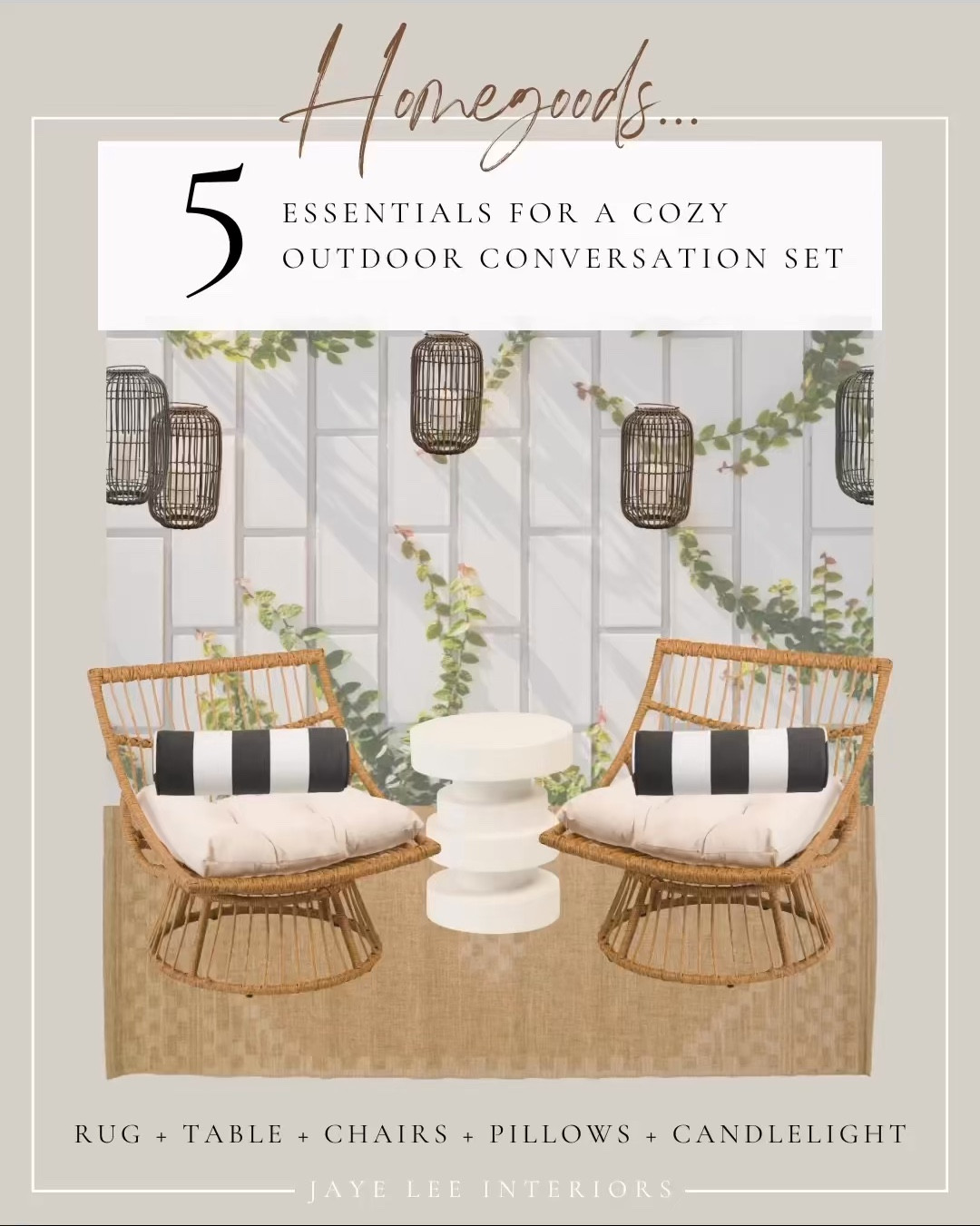 5 simple steps to creating an inviting outdoor conversation set…
1.) A rug to anchor the furniture, 
2.) A table for drinks and snacks, 
3.) A pair of cozy outdoor chairs,
4.) Throw pillows for a pop of pattern/texture/color,
5.) Lanterns and candlelight for atmosphere

All on sale at TJ Maxx, Marshall’s, and Homegoods, outdoor living, patio furniture, spring patio refresh, outdoor furniture, outdoor vignette, backyard makeover, outdoor seating

#LTKSeasonal #LTKSaleAlert #LTKHome