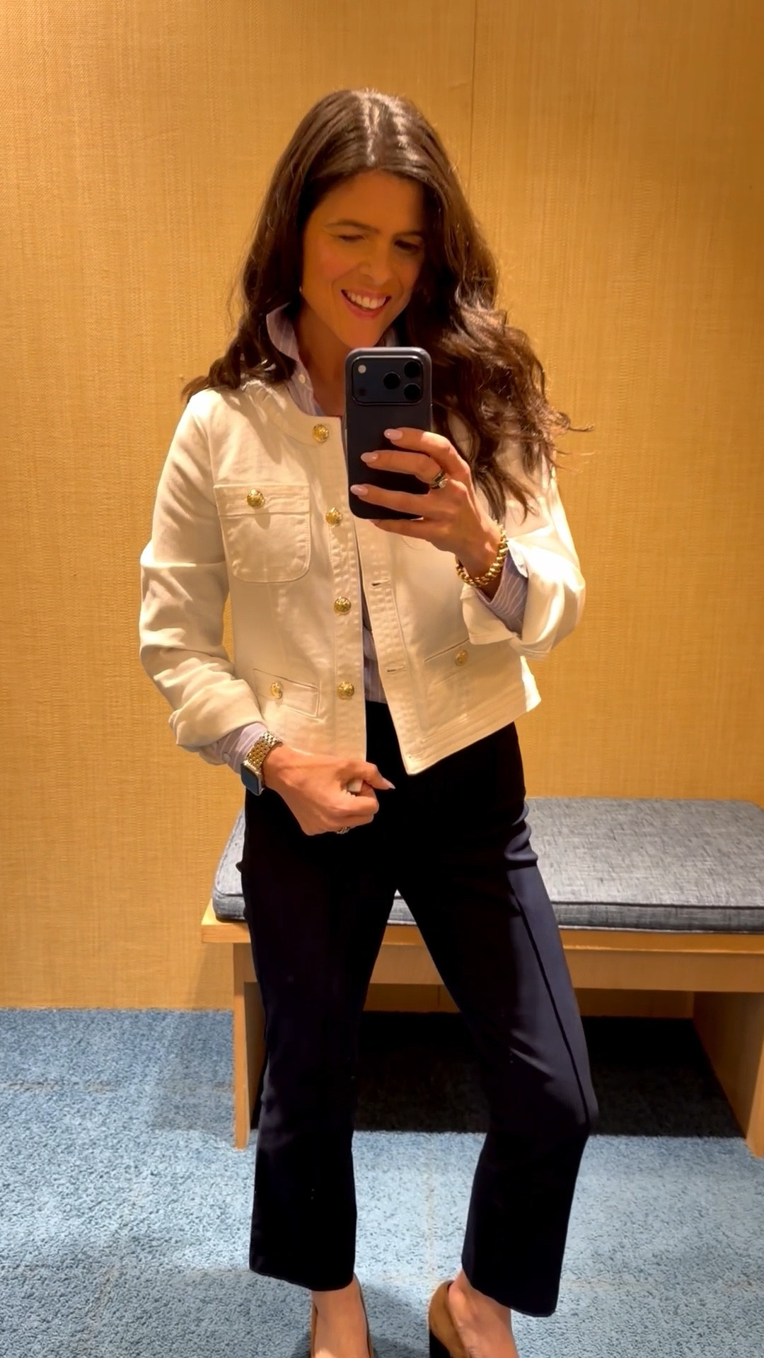 Love this elevated white denim jacket that has a round collar and is perfect to pair with any button down shirt or dress!