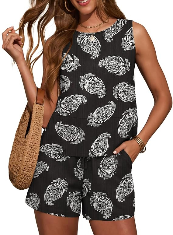 LOMON Women's Trendy 2 Piece Outfits Shorts Sets Summer Crew Neck Sleeveless Tank Top and Bottom ... | Amazon (US)