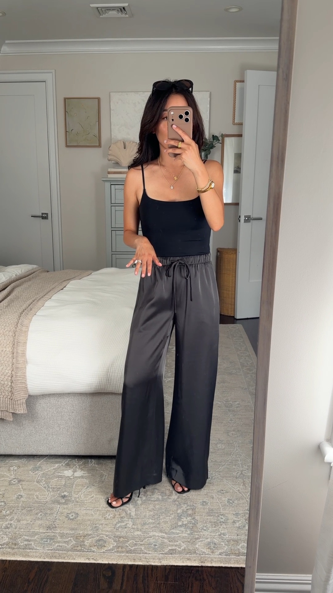 Size info below! • trying on Satin lodge pants XS Short in Flint Green, I went up one size for more room and flowiness. Also loved the cocoa nib brown and seaside cream I tried on
• Aritzia Cami XS (sized up) work with nippies

Elevated early fall outfit ideas, satin pants, petite style

#LTKPetite #LTKootd #LTKmomlife