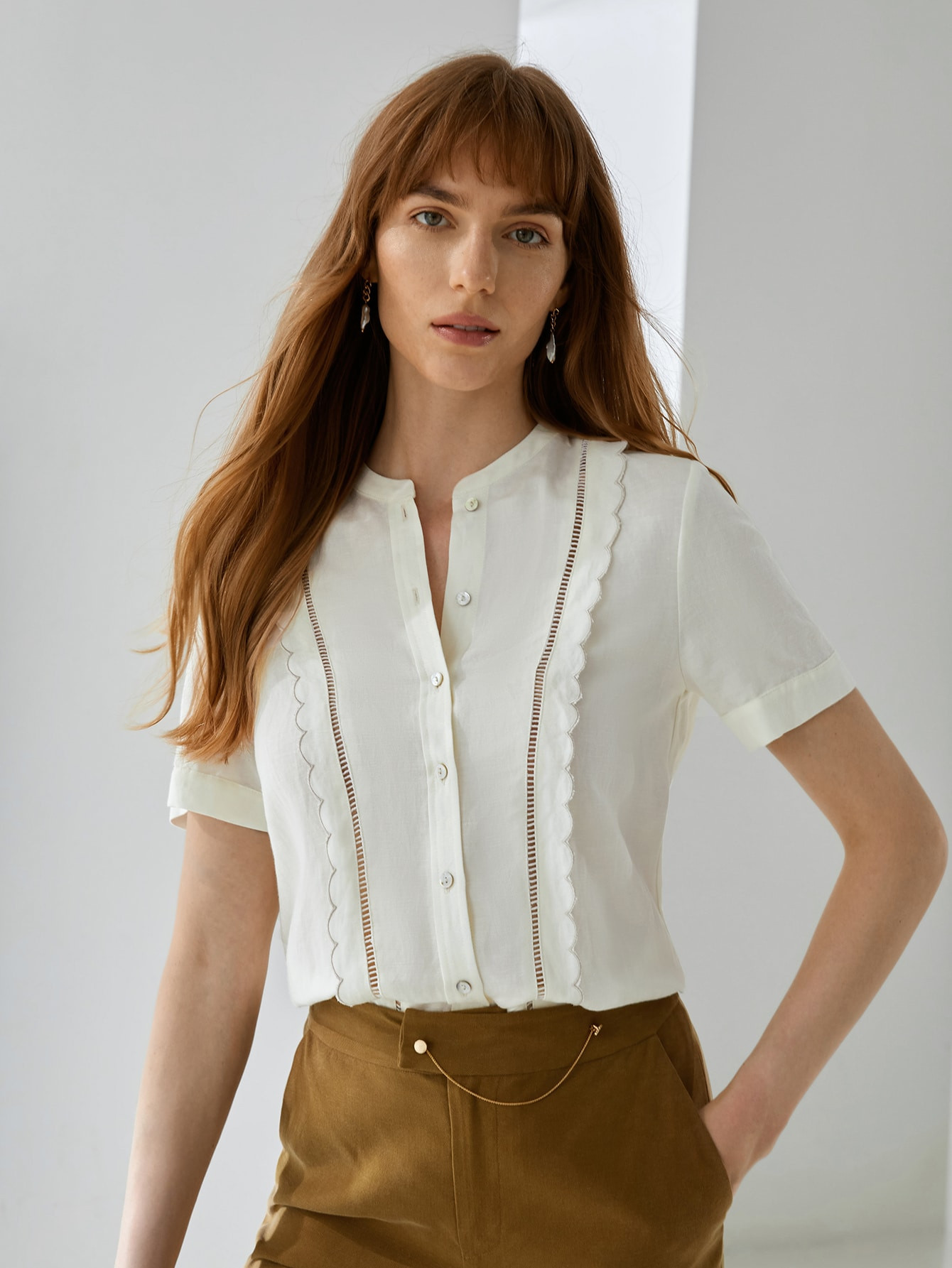 PREMIUM LINEN SCALLOP TRIM BLOUSE | SHEIN