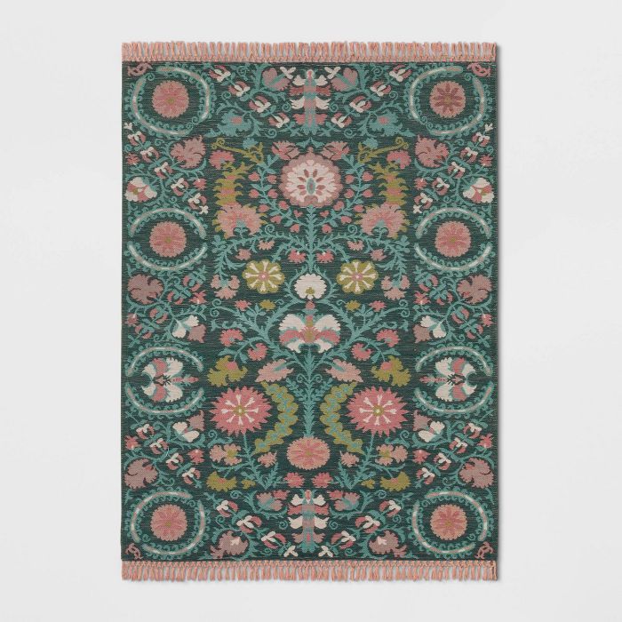 Indoor/Outdoor Floral Woven Rug Teal - Opalhouse™ | Target