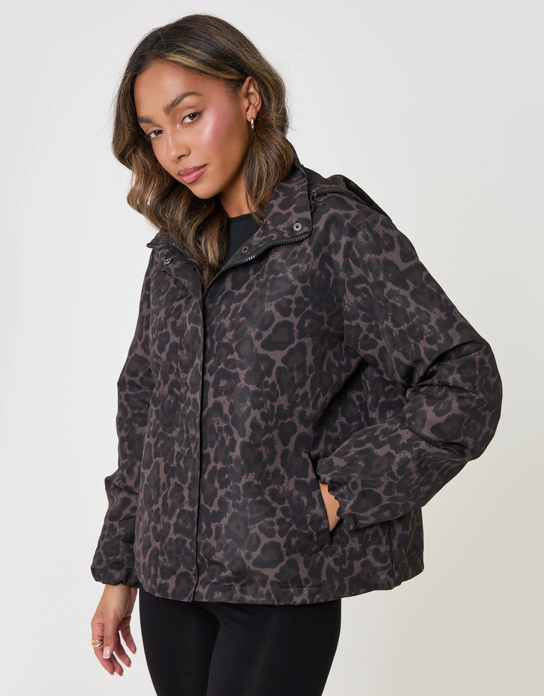 Showerproof Funnel Neck Rain Mac in Leopard Print | Threadbare UK