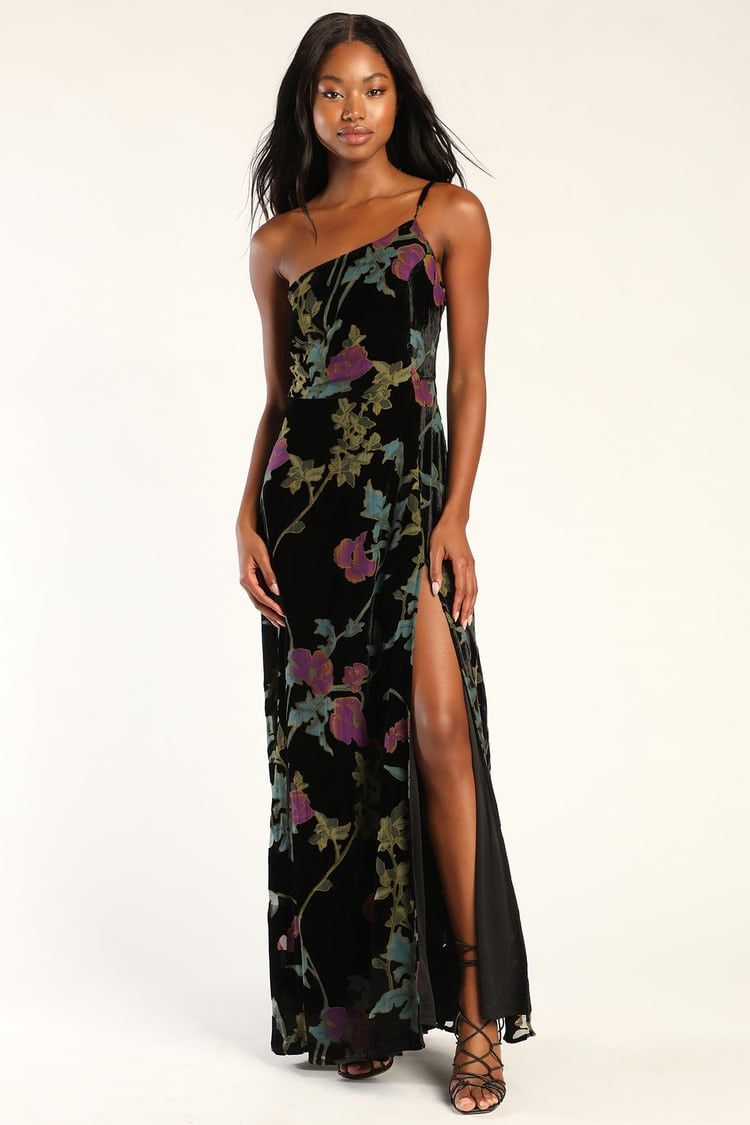 Luxurious Romance Black Floral Velvet One-Shoulder Dress - Holiday Dresses | Lulus (US)
