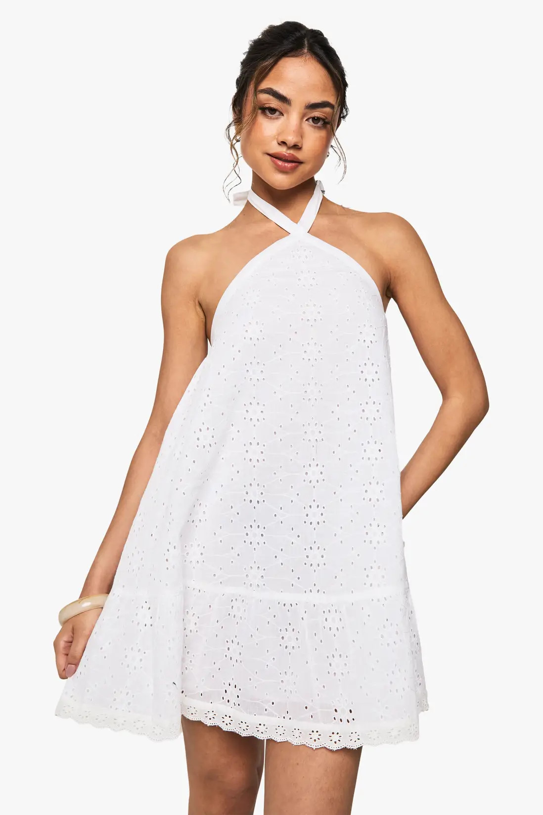 White Broderie Anglaise Halter Neck Mini Dress | Boohoo USA | boohoo (US & Canada)
