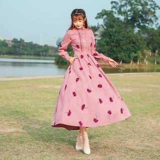 Long-Sleeve Corduroy Embroidered A-Line Maxi Dress | YesStyle Global