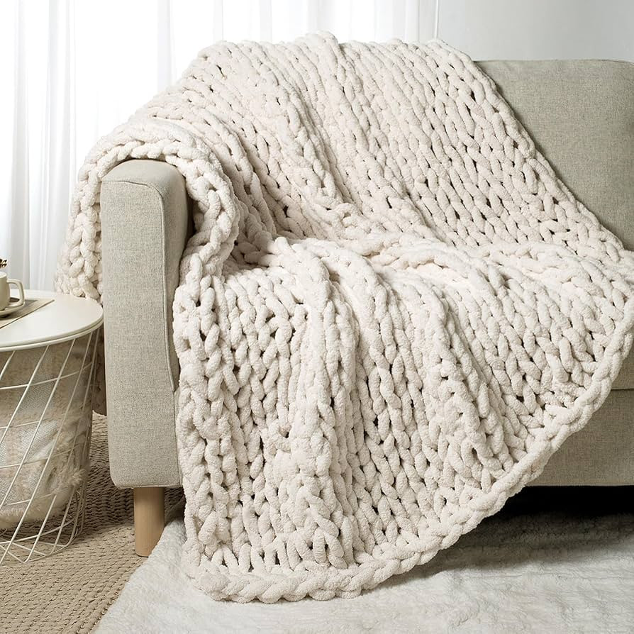 Chunky Knit Throw Blanket 60" X 80" Twin, 100% Hand Made Large Chenille Loop Yarn Soft Fluffy Thr... | Amazon (US)