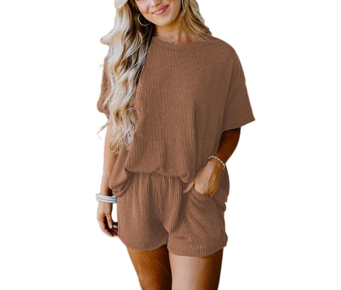 Womens 2 Piece Sets, Ribbed Textured Knit Casual Short Sleeve Shirt Shorts Two Piece Lounge Match... | Amazon (CA)