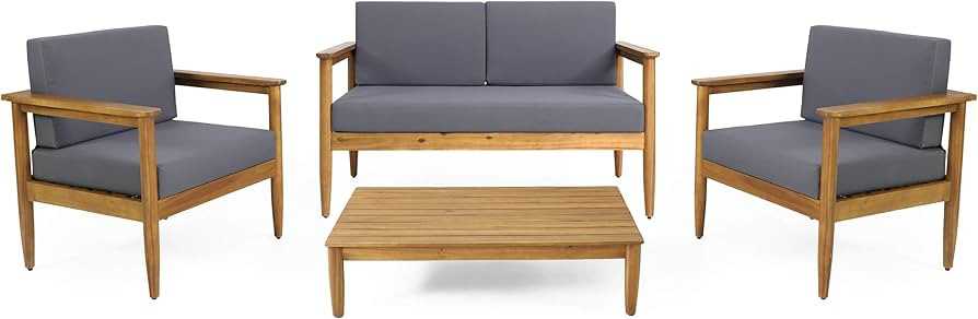 Christopher Knight Home Eudora Outdoor Acacia Wood 4 Seater Chat Set, Teak and Dark Gray | Amazon (US)