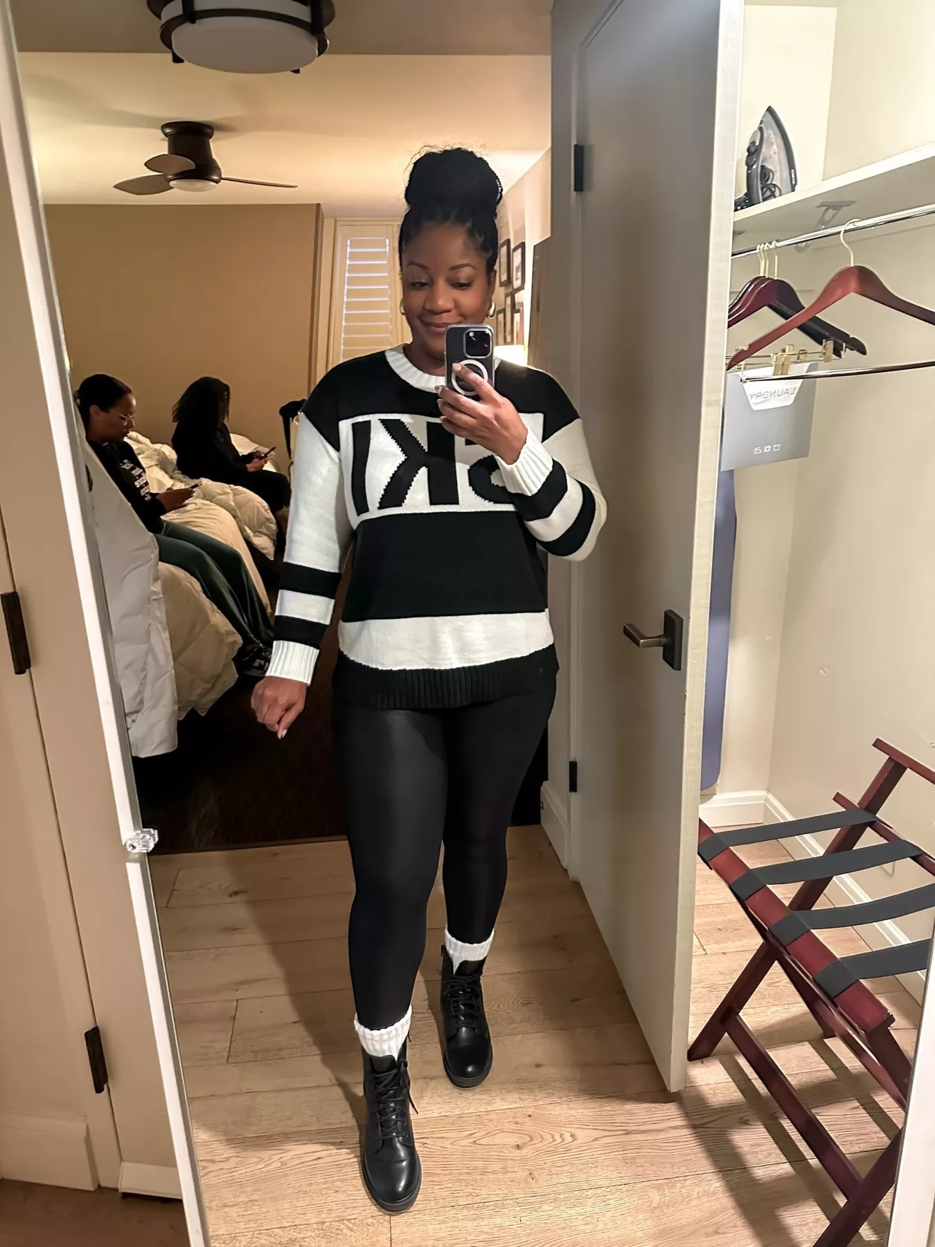 Sporty chic vibes! 🖤🤍 This black and white ski sweater with faux leather leggings and crew socks is the perfect casual-cool combo. Comfortable, stylish, and effortlessly put together. 

black and white sweater / hockey sweater / graphic sweater / faux leather leggings / casual outfit / sporty style / stripe sweater / crew neck sweater / ankle boots / white socks / street style / athleisure / leather leggings / comfortable fashion / weekend style / black boots outfit / relaxed style / everyday outfit / athletic inspired / casual chic / fall outfit / winter casual / oversized sweater / layered socks / trendy casual / effortless style / sporty chic / color block sweater

#LTKHoliday #LTKMidsize #LTKSeasonal