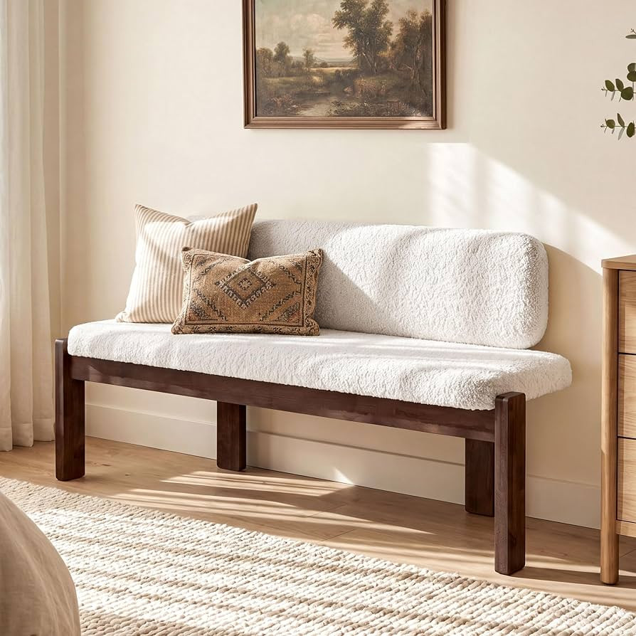 End of Bed Bench with Backrest, 55 Inch Upholstered Bedroom Bench with White Faux Shearling Cushi... | Amazon (US)