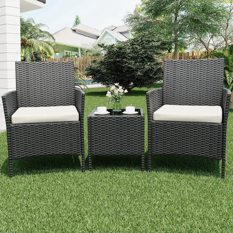 3-Piece Rattan Patio Bistro Set with Cushioned Chairs and Coffee Table, Weather-Resistant for Bal... | Walmart (US)