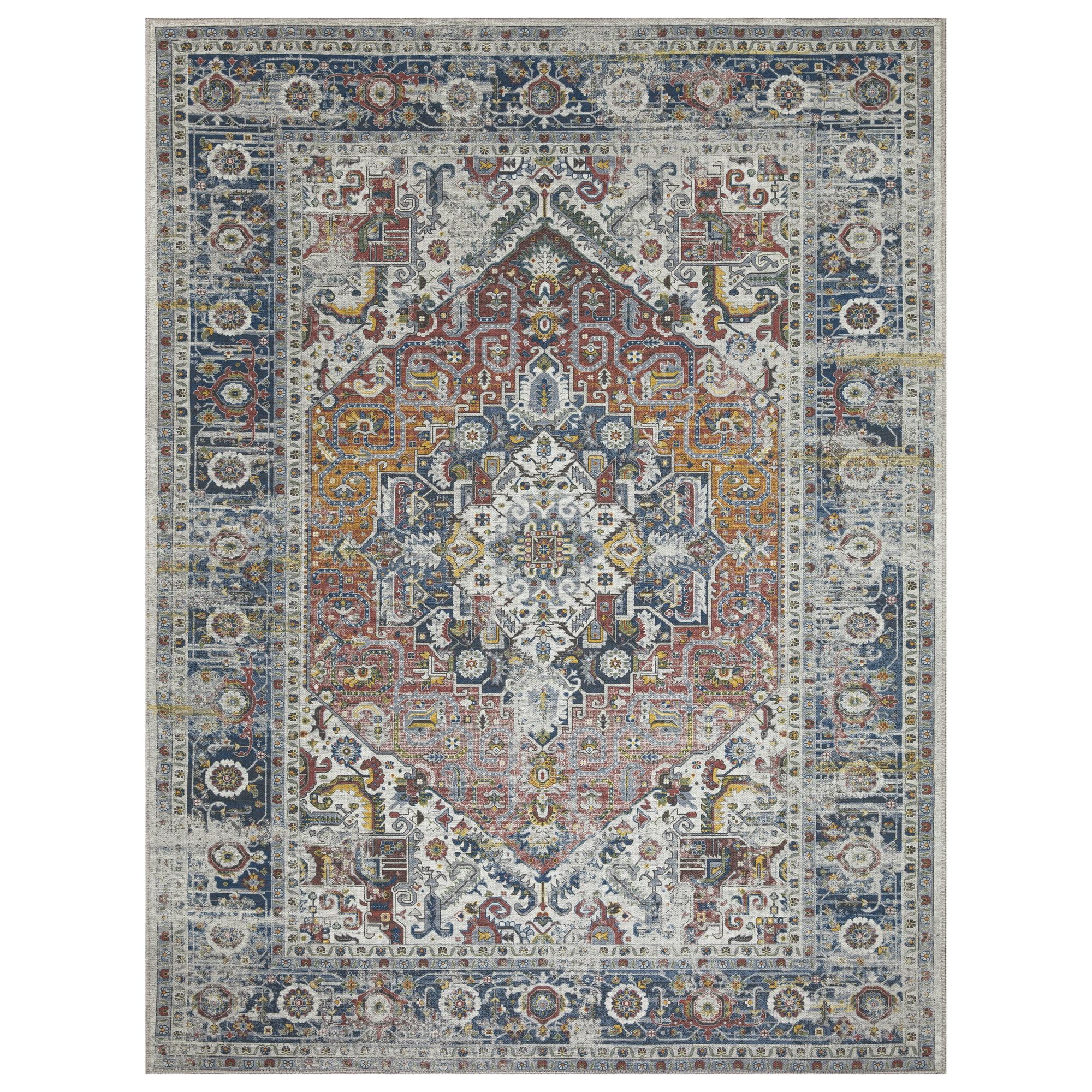 Ottomanson Machine Washable Cotton 5x7 Flatweave Area Rug for Living Room, 5' x 7', Rust Red/Navy... | Walmart (US)