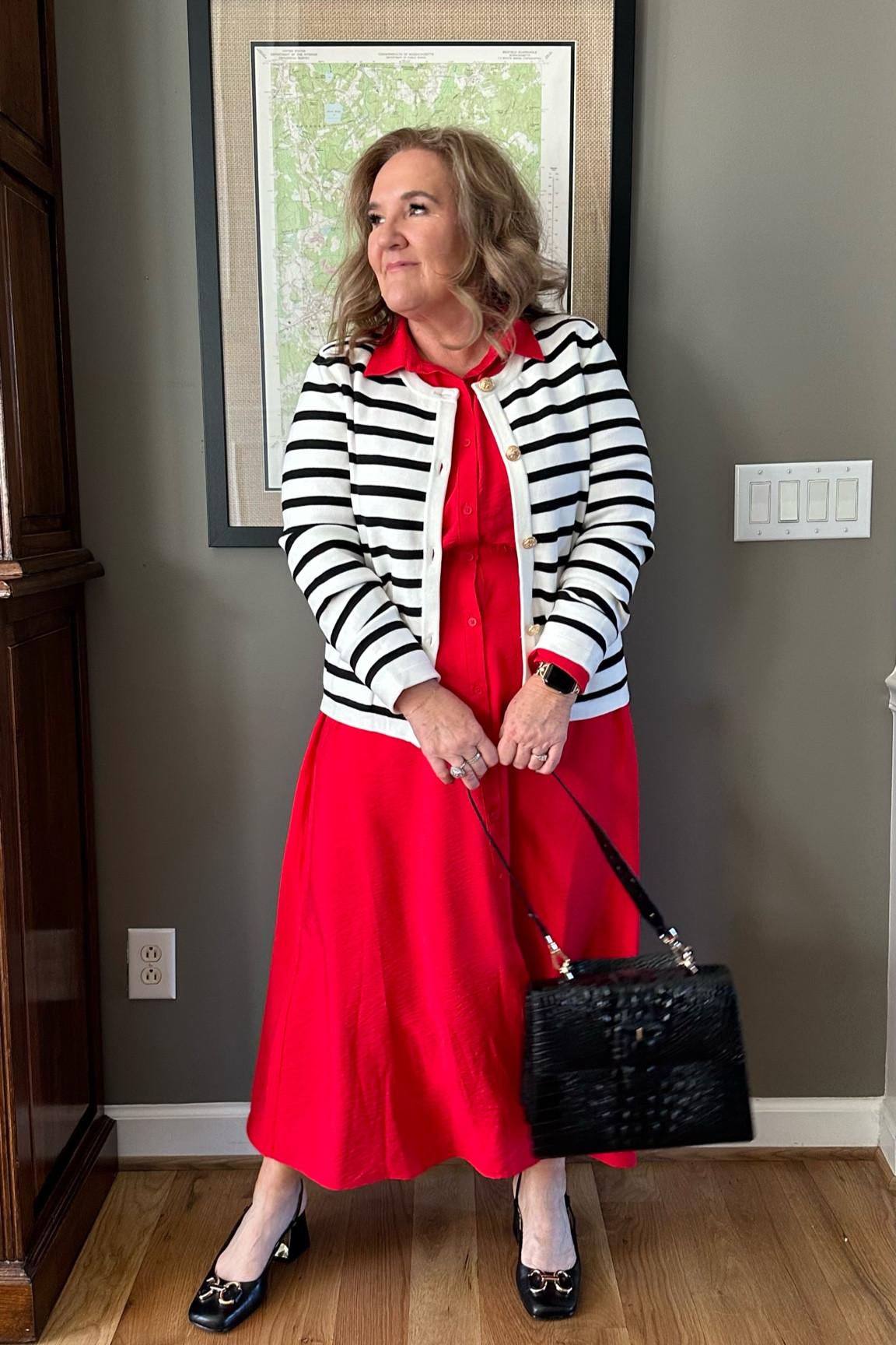 Lady jacket cardigan size large. 
Dress size large. 
The classic slingbacks and bag make it 🙌

#LTKmidsize #LTKover40 #LTKworkwear