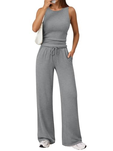 Trendy Queen Women's 2 Piece Summer Lounge Sets Butter Soft Tank Top & High Waisted Wide Leg Pants with Pockets Grey S | Amazon (US)