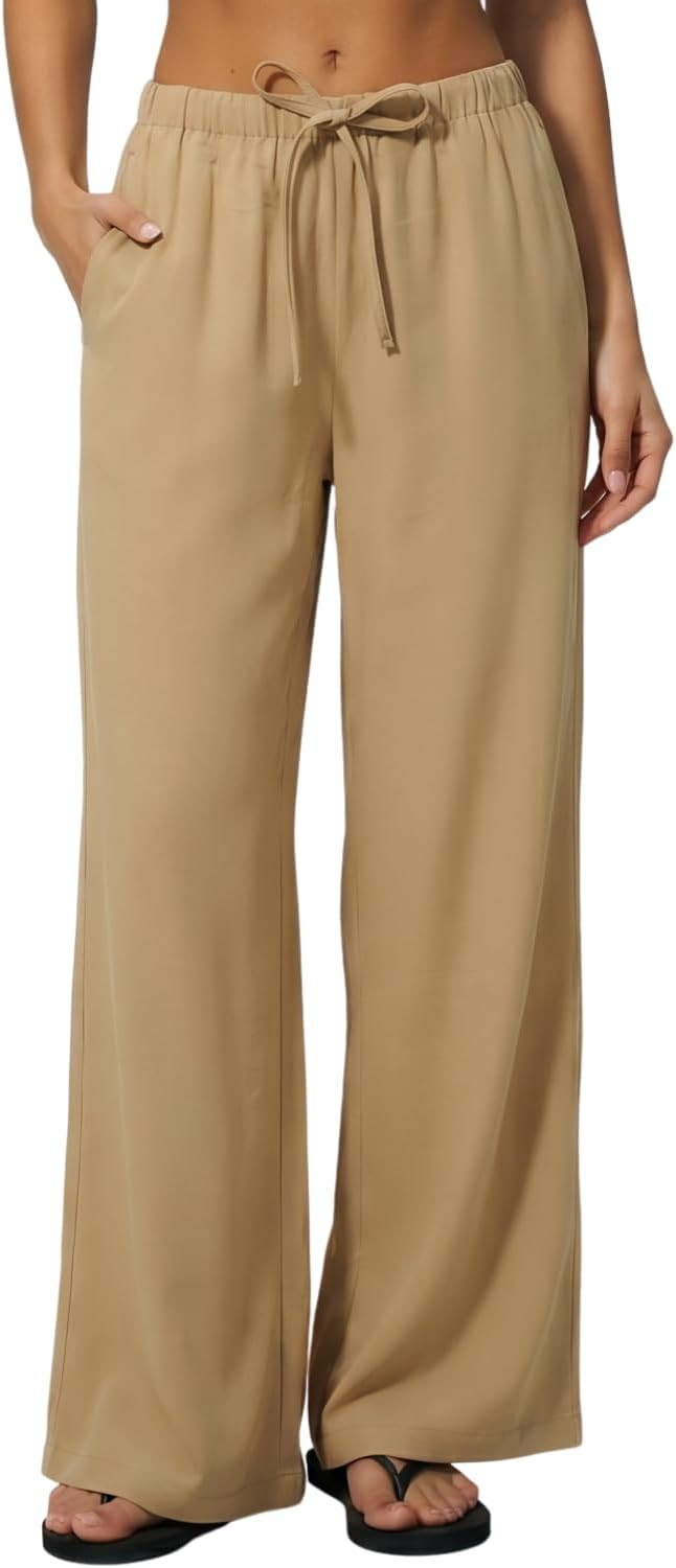 QINSEN Women's Wrinkle-Free Wide Leg Palazzo Pants High Rise Flowy Drape Drawstring Elastic Waist Trousers with Pockets | Amazon (US)