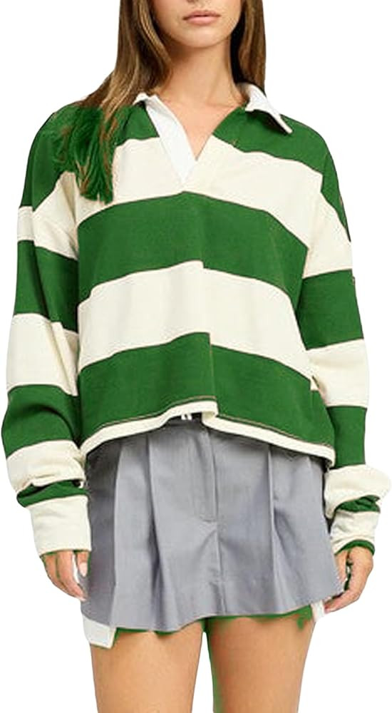 Women Rugby Polo Shirts Long Sleeve Oversized Striped Crop Tops Vintage V-Neck Pullover Tee Shirt... | Amazon (US)