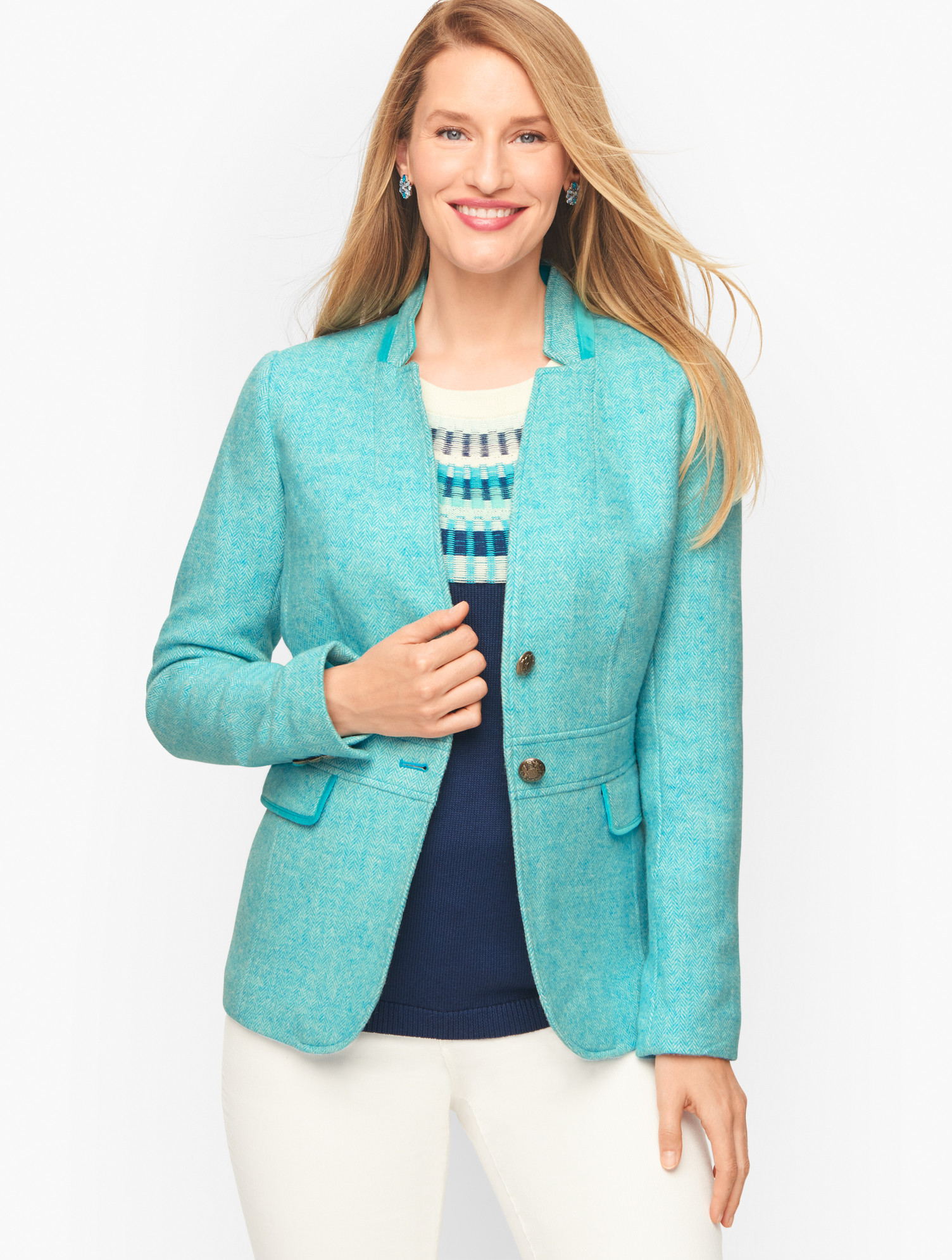Plus Size - Classic Shetland Blazer - Bicolor Herringbone - Turquoise - 16 Talbots | Talbots