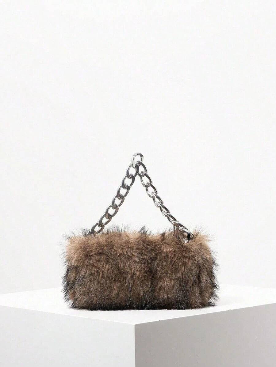 Solid Fuzz Soft Candy Color Chain Satchel Bag, Y2K Style Women Shoulder Bags, Cute Charm Clutch, ... | SHEIN