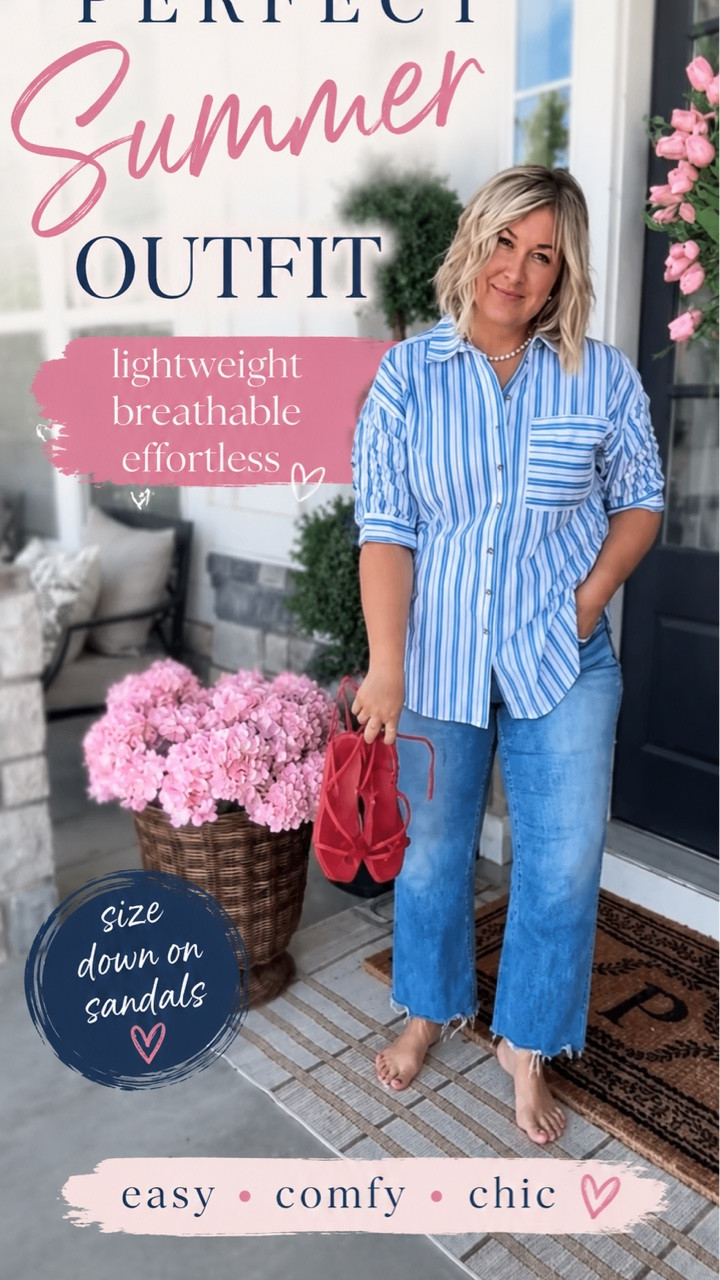 💙 The kind of outfit you’ll reach for again and again. 💙 Lightweight, breathable, and effortlessly flattering for midsize women over 50. I paired it with cropped jeans and a fun pop of red for an easy everyday summer look. Don’t forget to size down in the sandals! Everything is linked in my bio.
midsize outfit over 40 confident feminine comfortable outfit crocs sandals casual chic everyday style anthropologie sale find front porch styling spring outfit ideas affordable fashion for women over 50 casual jeans outfit comfy cute look