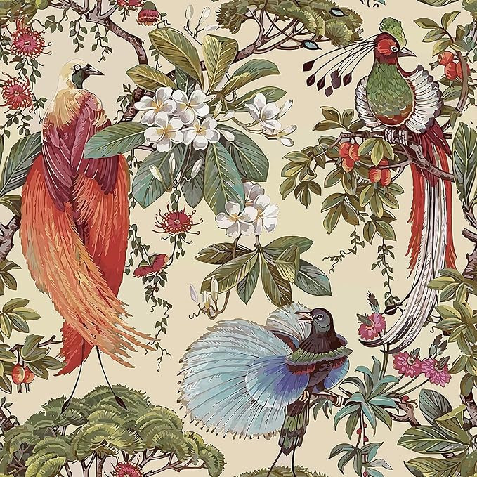 Vintage Floral Wallpaper Peel and Stick Green Blue Red Yellow Chinoiserie Bird Flower Vintage Con... | Amazon (US)
