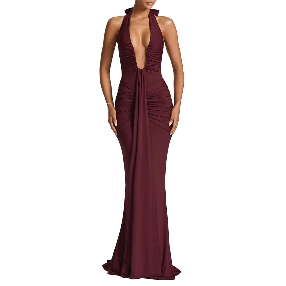 Women Deep V Neck Ruched Maxi Dress Sleeveless Halter Gown Cocktail Evening Formal Dresses | Amazon (US)